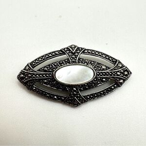 Avon Victorian Elegance Brooch Pin, 1987, Mother of Pearl Faux Marcasite Revival